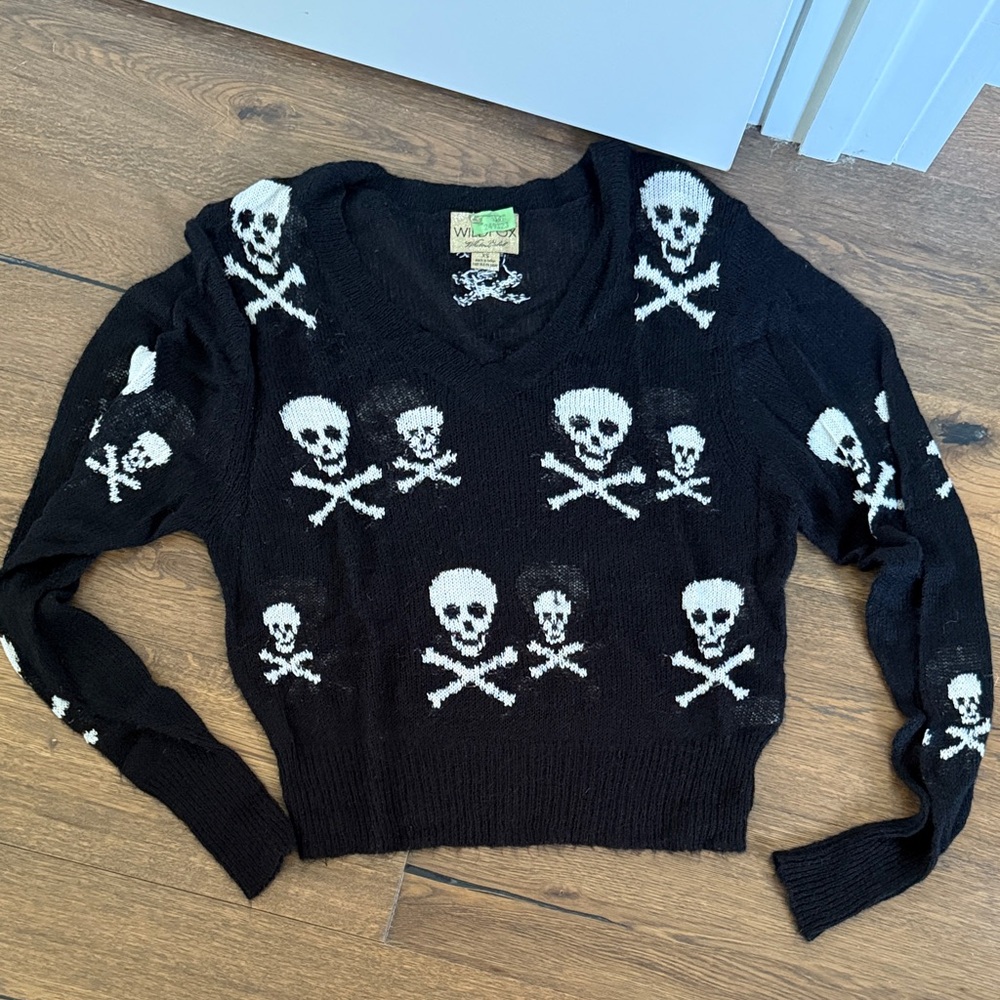 Wildfox Black and White Skull V-Neck Sweater